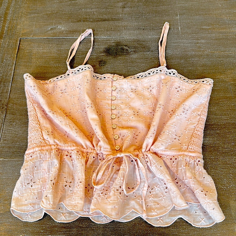 Aerie Camisole Top EUC Pink Smocked Embroidered Tie Waist Baby Doll Size M